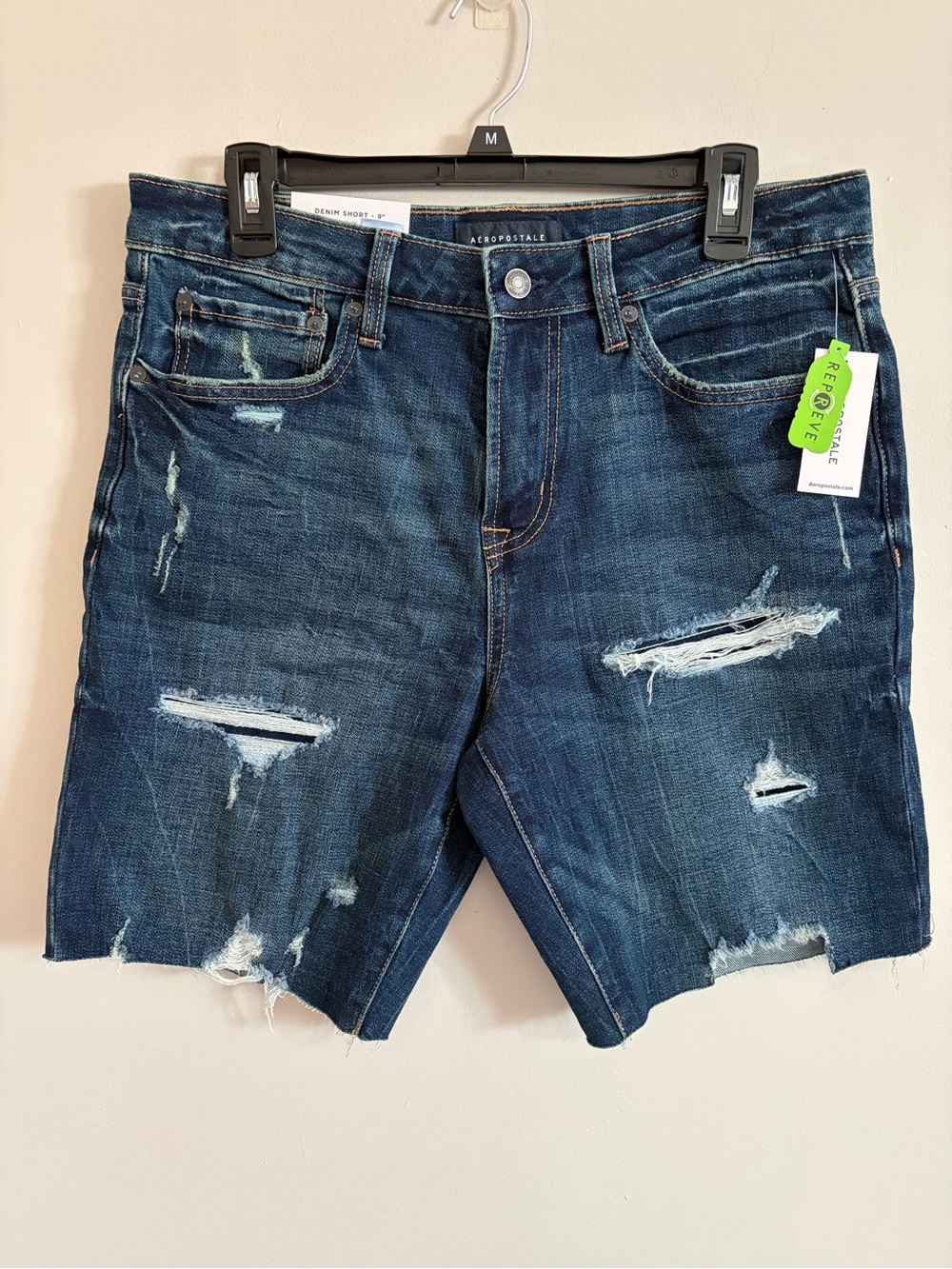 Aeropostale Men's Distressed Dark Blue Denim Cutoff Shorts